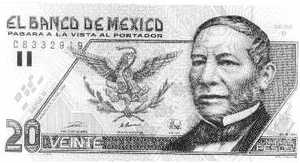 A Mexican 20 Peso note, with a picture of Benito Juarez on it. 